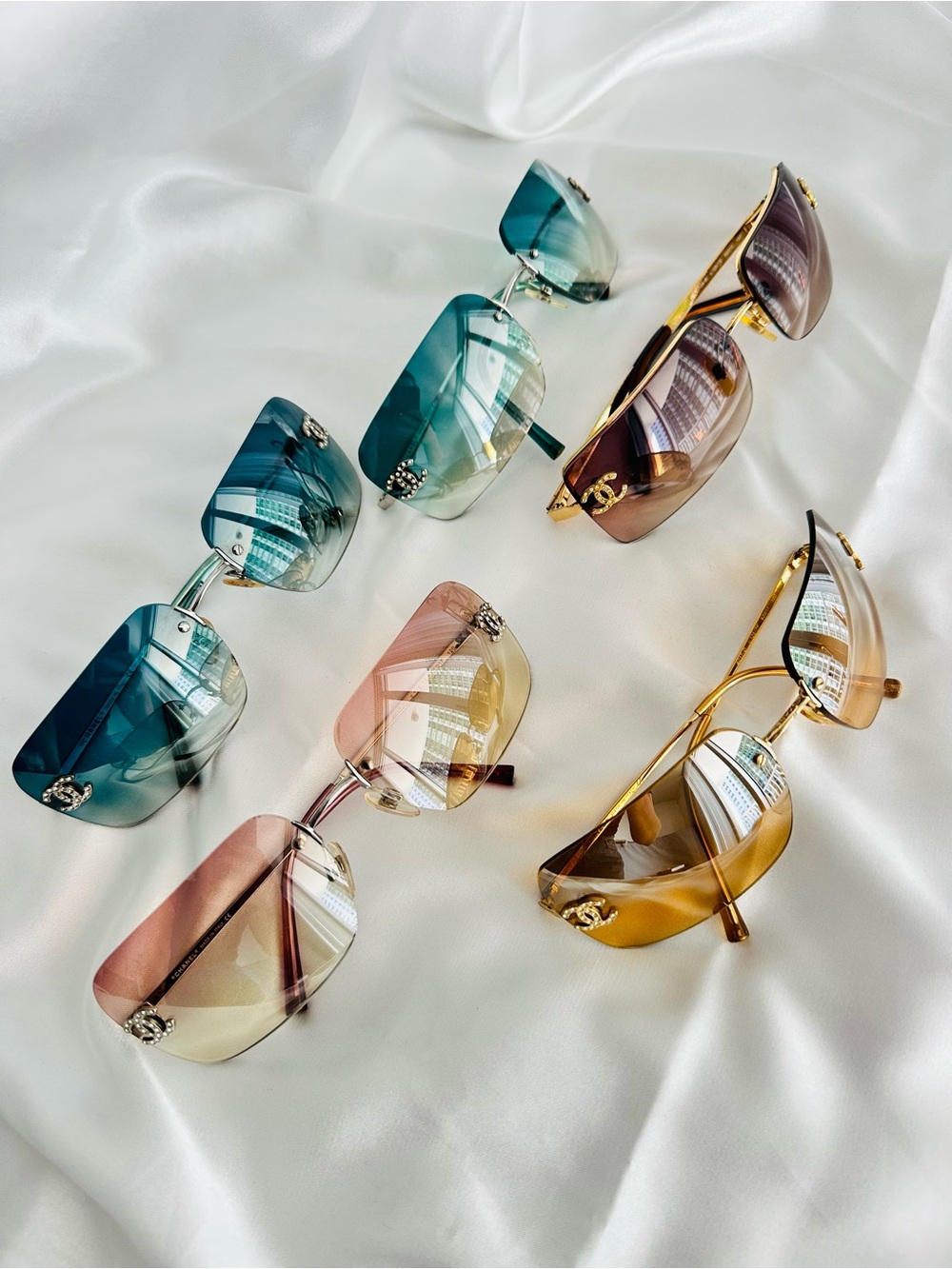 CHANEL Rimless Gradient Shield Sunglasses in Teal, Pink, Amber & Brown